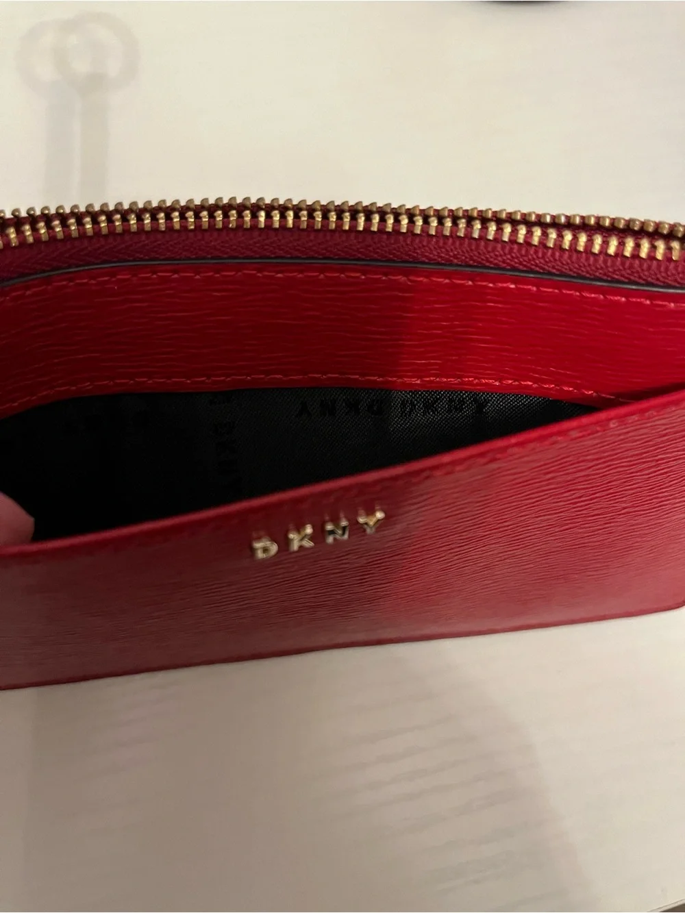 DKNY Red Textured Leather Slim Zip Card Case Wallet